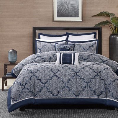 Madison Park Medina 8 Piece Jacquard Comforter Set in Navy, Queen MP10-1658