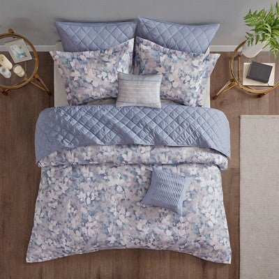 Madison Park Erica 8 PC Printed Seersucker Comforter and Coverlet Set Collection in Blue, King / Cal King MP10-6158
